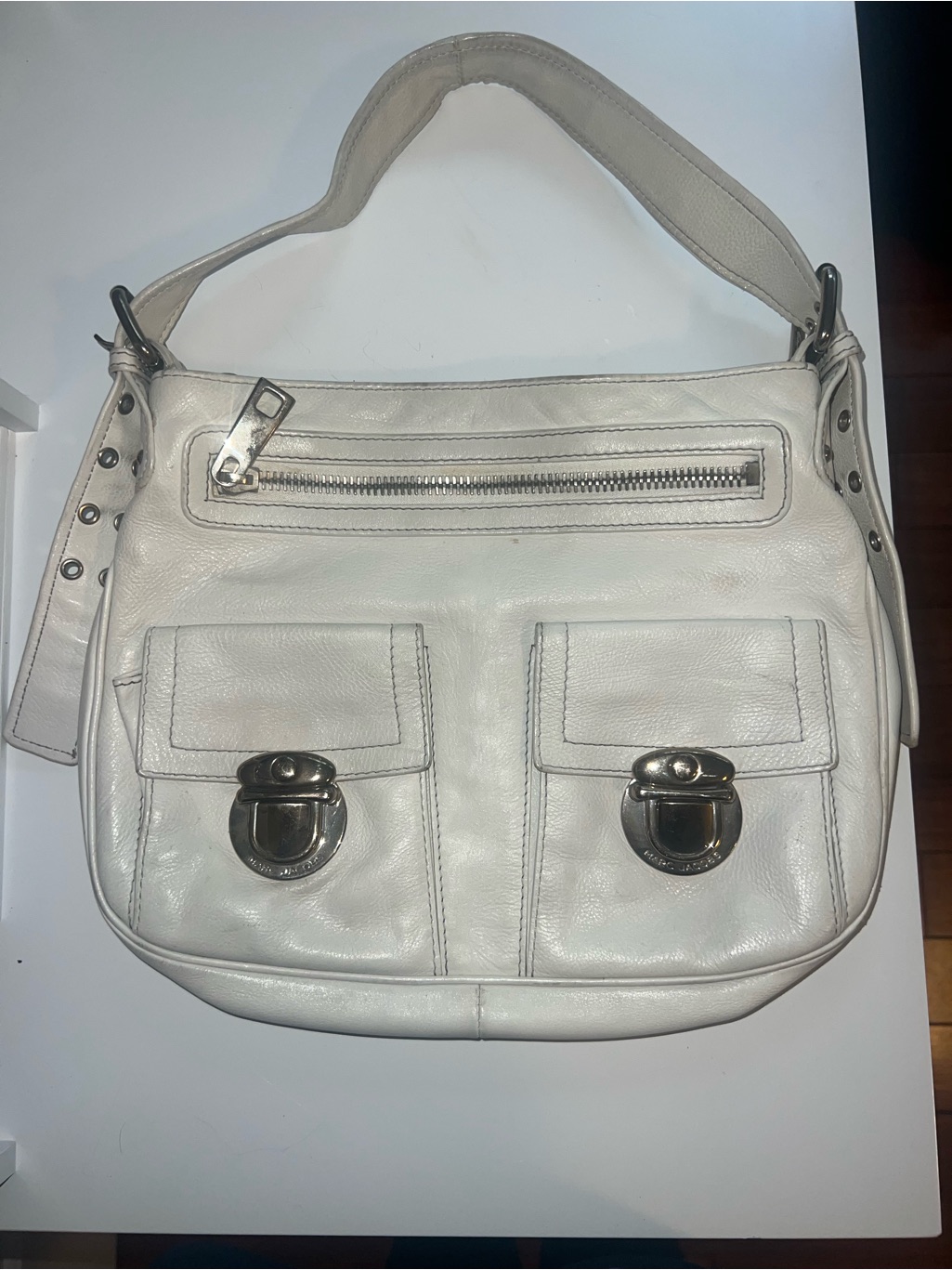 White Leather Shoulder Bag With Front Pockets